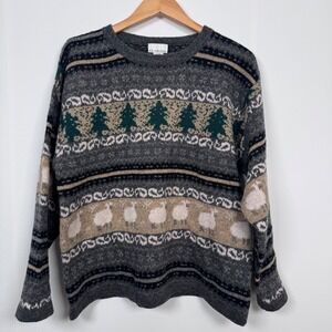VTG Men L 100% Shetland Sweater Wool Fair Isle Sheep Tree Pullover Gray Heritage